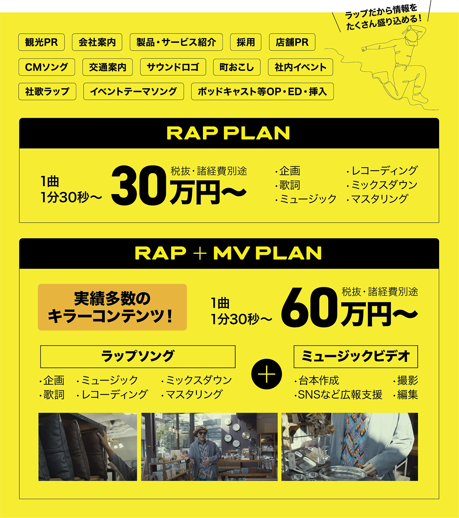 ビジネス向けラップ制作サービスの料金プラン案内。RAP PLANは1曲30万円〜、RAP＋MV PLANは1曲60万円〜で、ラップ制作とミュージックビデオ制作が含まれる。観光PR、採用、社内イベントなど多用途に対応。